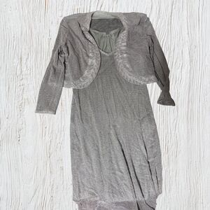 Vintage Damianou Silver Metallic Knit Dress and Bolero Jacket Set - Women’s XL